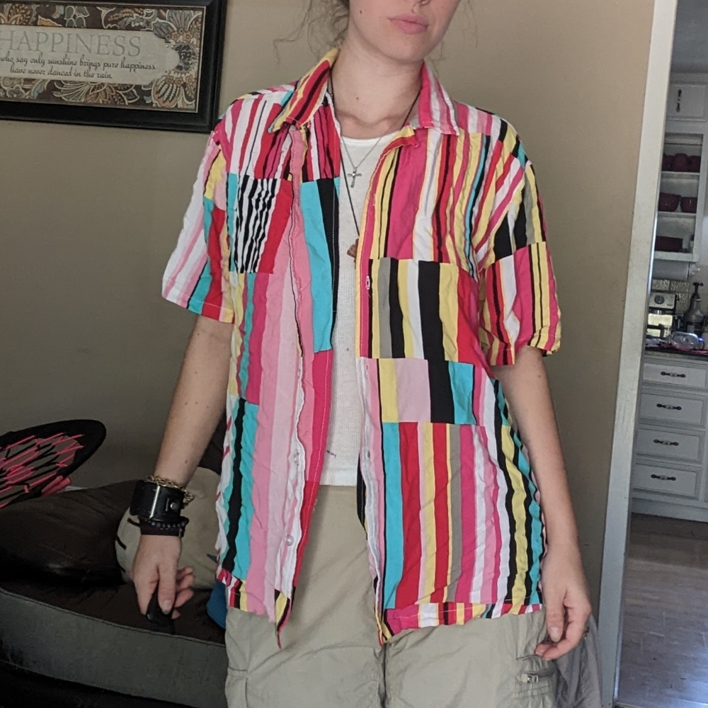 90s Fashion Nova Men Multi Colored Trans Flag Button Up Shirt